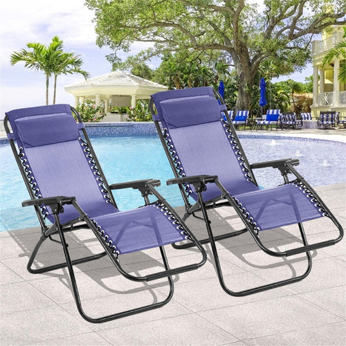 Zero Gravity Chair Set of 2, Reclining Folding Outdoor Chairs with Adjustable Headrest & Cup Holder, anti - Gravity Loungers for Backyard, Patio, Lawn, Poolside, Blue