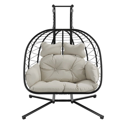 Double Wicker Swing Egg Chair Hammock Foldable Hanging Loveseat with Stand, UV Resistant Removable Cushions, 700LBS Capacity for Bedroom, Balcony (Black and Beige)