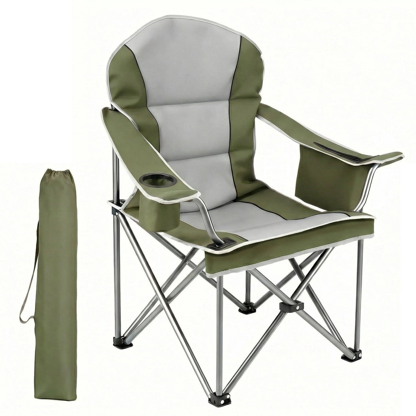Heavy Duty Camping Chair 500 Lb Capacity, Oversized Extra Wide for Adults, Padded High Back Folding Lawn Chair, 500 Lbs Steel Frame, Portable Outdoor Camping Chair with Cup Holder, Green