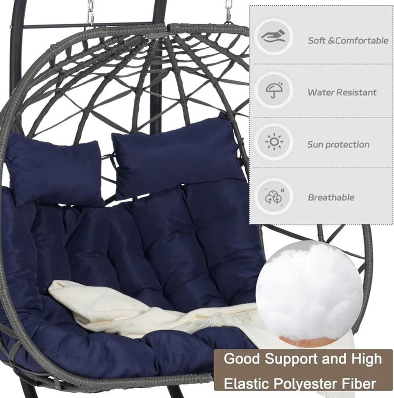 Double Swing Egg Chair with Stand, 2 Person Indoor Outdoor Wicker Loveseat, Oversized Patio Hanging Basket Chair with Cushions, Cozy Sturdy Porch Swing for Backyard