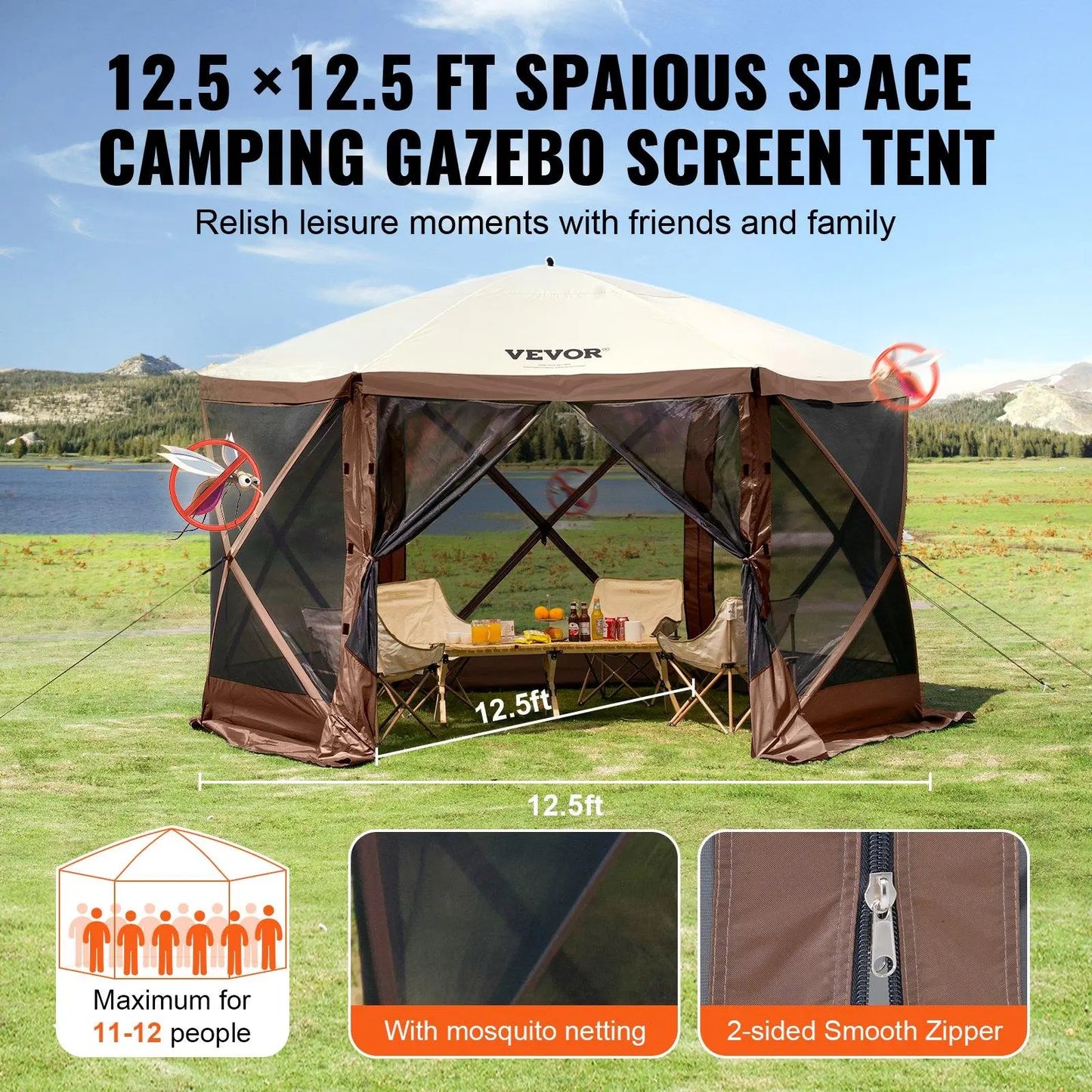 【Dealsforyoudays】Vevor Camping Gazebo Screen Tent, 12*12Ft, 6 Sided Pop-Up Canopy Shelter Tent with Mesh Windows, Portable Carry Bag, Stakes, Large Shade Tents for Outdoor Camping, Lawn and Backyard, Brown/Beige