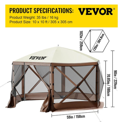 【Dealsforyoudays】Vevor Camping Gazebo Screen Tent, 12*12Ft, 6 Sided Pop-Up Canopy Shelter Tent with Mesh Windows, Portable Carry Bag, Stakes, Large Shade Tents for Outdoor Camping, Lawn and Backyard, Brown/Beige