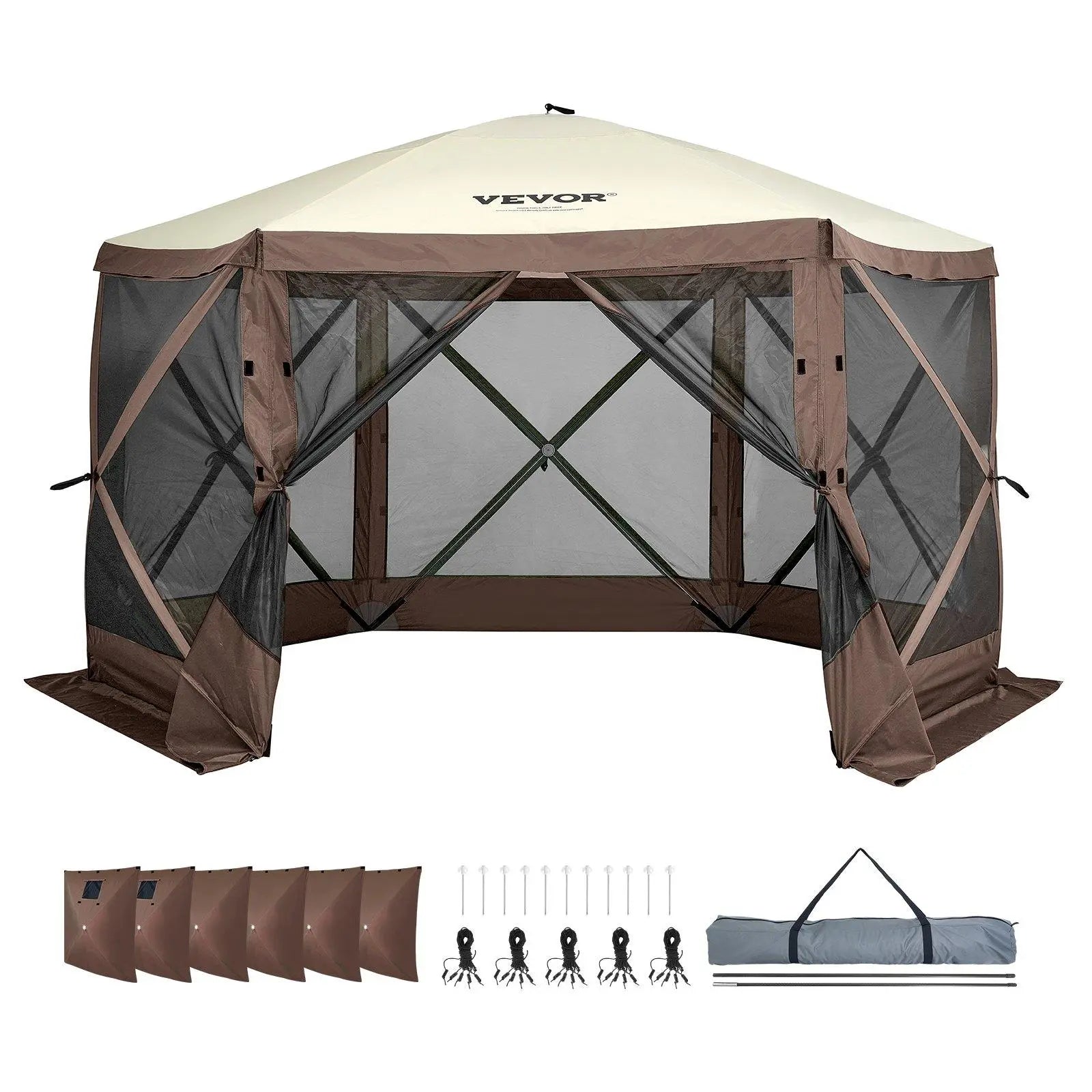 【Dealsforyoudays】Vevor Camping Gazebo Screen Tent, 12*12Ft, 6 Sided Pop-Up Canopy Shelter Tent with Mesh Windows, Portable Carry Bag, Stakes, Large Shade Tents for Outdoor Camping, Lawn and Backyard, Brown/Beige