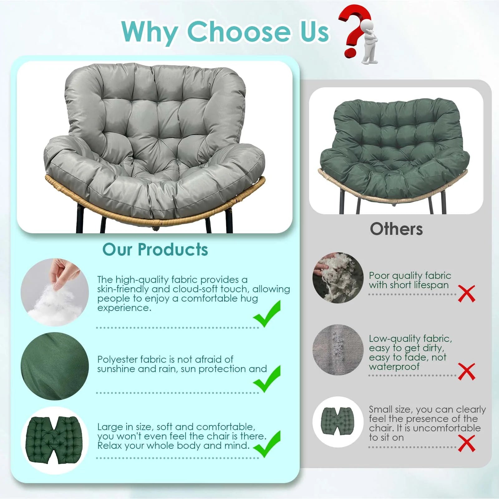 Swing Egg Chair Cushion, Waterproof Rocking Chair Pad, Oversized Hammock Chair Pad, Multifunctional Wicker Egg Lounge Chair Soft Cushion Indoor Outdoor, Gray