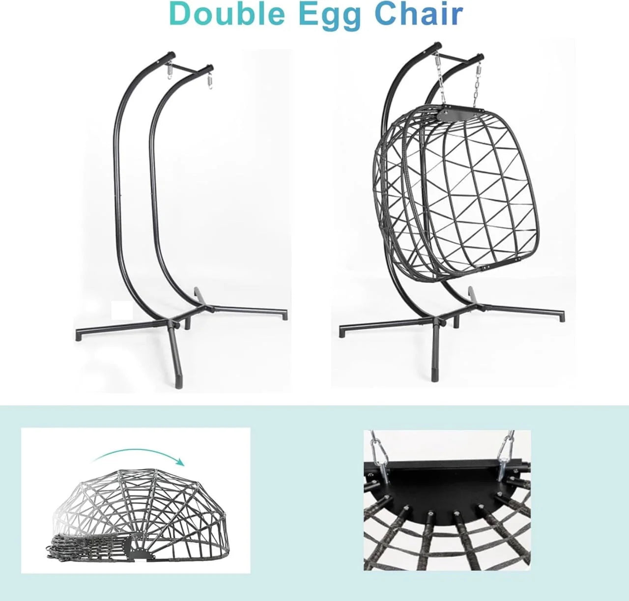 Double Swing Egg Chair with Stand, 2 Person Indoor Outdoor Wicker Loveseat, Oversized Patio Hanging Basket Chair with Cushions, Cozy Sturdy Porch Swing for Backyard