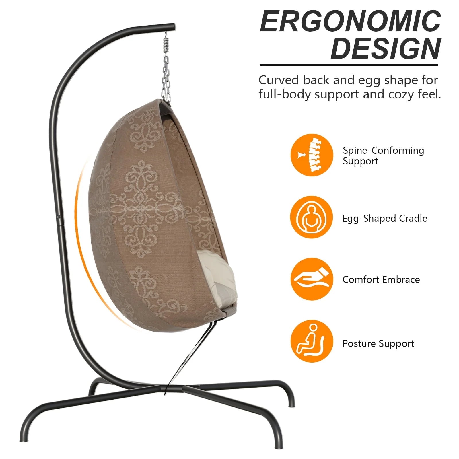 Foldable Egg Chair with Stand, 485LBS Capacity Textilene Hammock Swing Chair for Outdoor & Indoor, Patio Hanging Chair with Strong Frame & UV Resistant Cushion for Balcony, Bedroom, Cream/D2