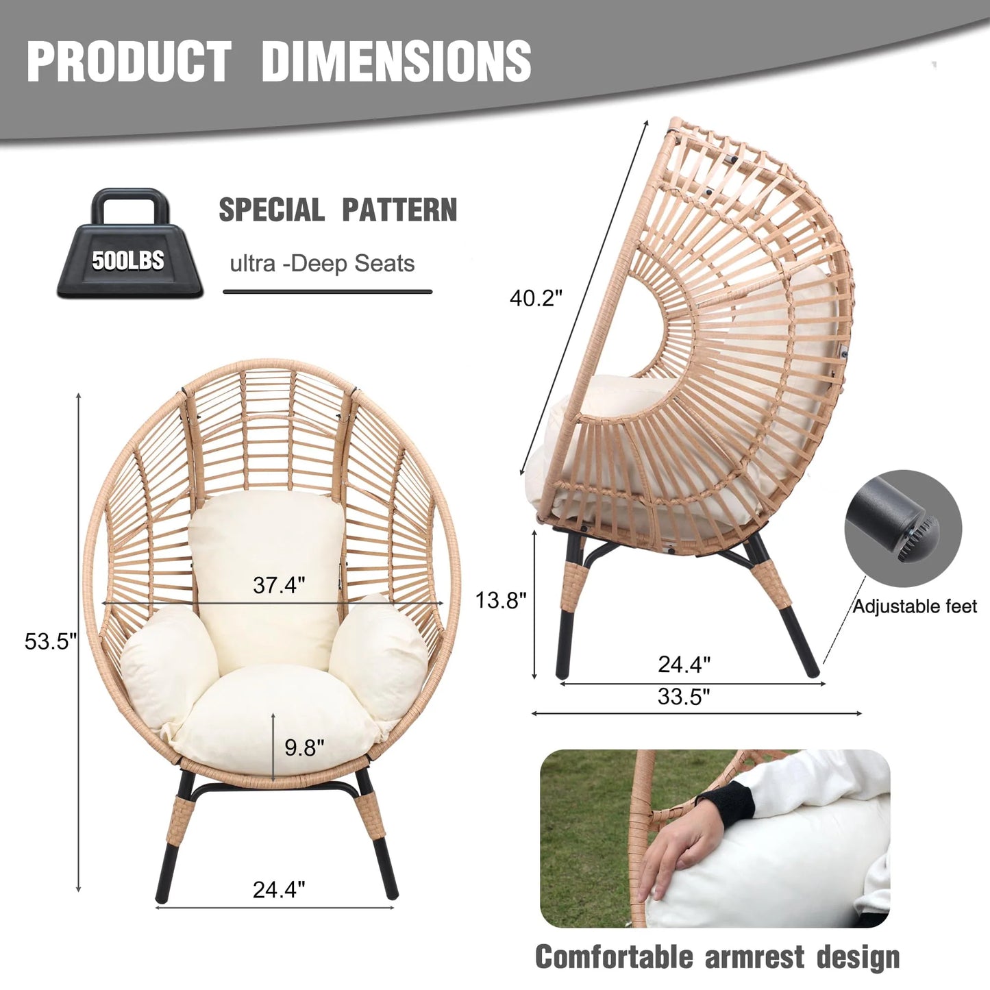 Oversized Egg Chair Outdoor Indoor,Patio Lounge Chair with Thicken Cushions & Durable Steel Frame, Egg Basket Chair 500Lbs Capacity for Garden, Backyard, Porch,Bedroom (Beige-Regular)