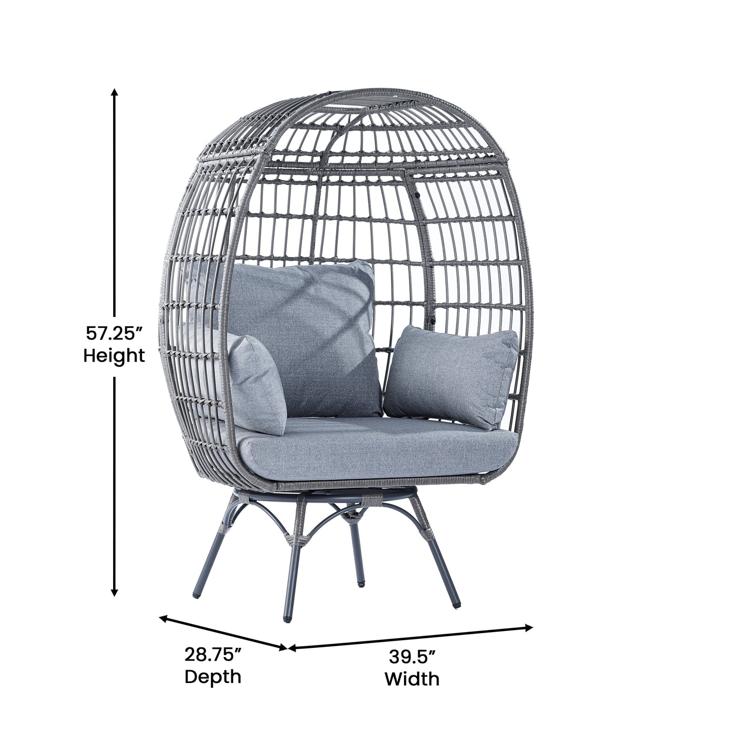 Gray/Gray Indoor/Outdoor Oversized Swivel Lounge Egg Chair with Wicker Rattan Construction and 4 Cushions for Patio, Sunroom, or Deck