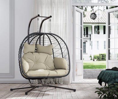 Double Wicker Swing Egg Chair Hammock Foldable Hanging Loveseat with Stand, UV Resistant Removable Cushions, 700LBS Capacity for Bedroom, Balcony (Black and Beige)