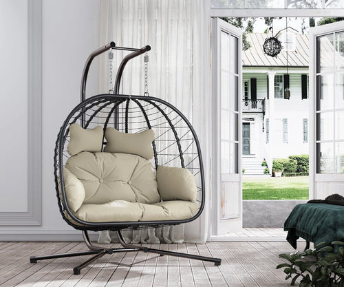 Double Wicker Swing Egg Chair Hammock Foldable Hanging Loveseat with Stand, UV Resistant Removable Cushions, 700LBS Capacity for Bedroom, Balcony (Black and Beige)