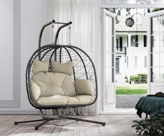 Double Wicker Swing Egg Chair Hammock Foldable Hanging Loveseat with Stand, UV Resistant Removable Cushions, 700LBS Capacity for Bedroom, Balcony (Black and Beige)