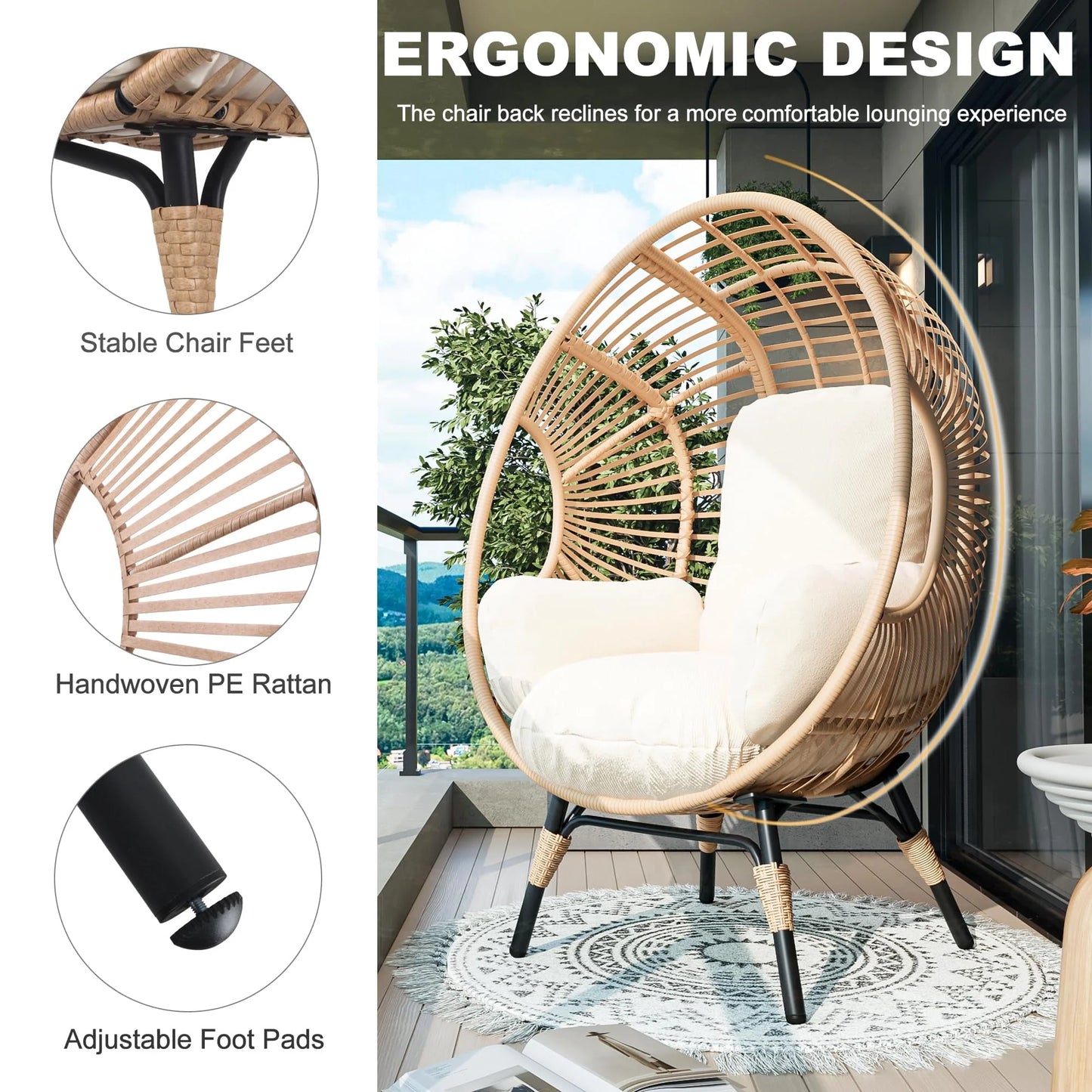 Oversized Egg Chair Outdoor Indoor,Patio Lounge Chair with Thicken Cushions & Durable Steel Frame, Egg Basket Chair 500Lbs Capacity for Garden, Backyard, Porch,Bedroom (Beige-Regular)