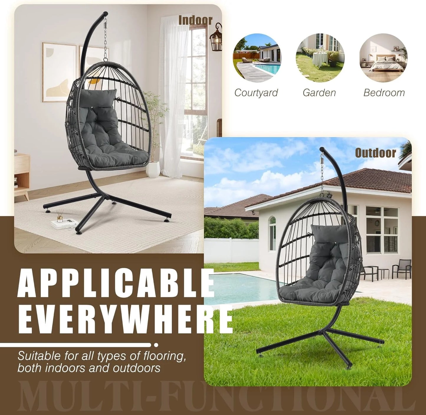 Egg Chair with Stand, Outdoor Hanging Swing Chairs, Indoor Hammock Egg Chair with Removable Cushion and Pillows, Patio Wicker Porch Swings 300LBS Capacity for Garden, Lawn (Grey, Single)