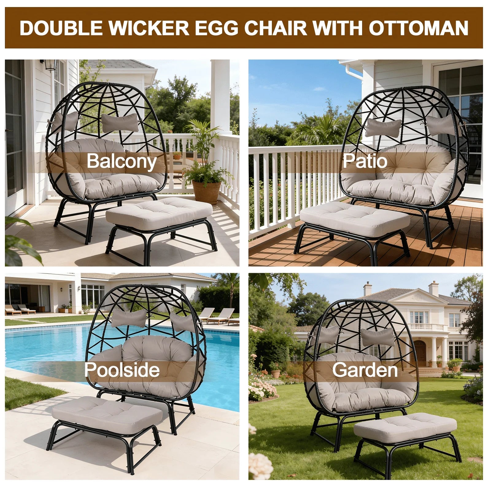 FKSLIFE 2 Person Wicker Egg Chair with Ottoman Cushion Large Egg Basket Chair with Footrest for Outdoor Indoor Patio Balcony Garden