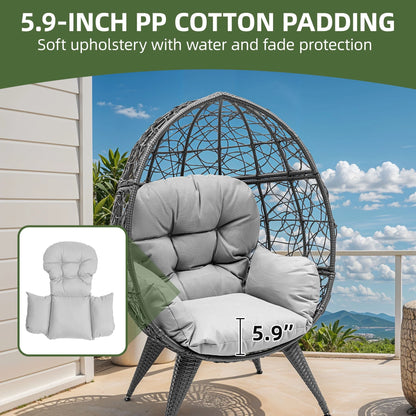 Oversized Wicker Egg Chair with Stand & Cushion, 330 Lb Capacity for Garden and Balcony, Gray