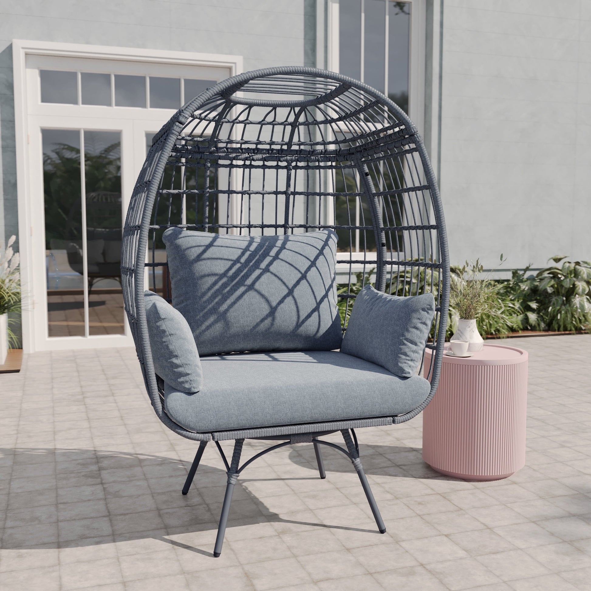 Gray/Gray Indoor/Outdoor Oversized Swivel Lounge Egg Chair with Wicker Rattan Construction and 4 Cushions for Patio, Sunroom, or Deck