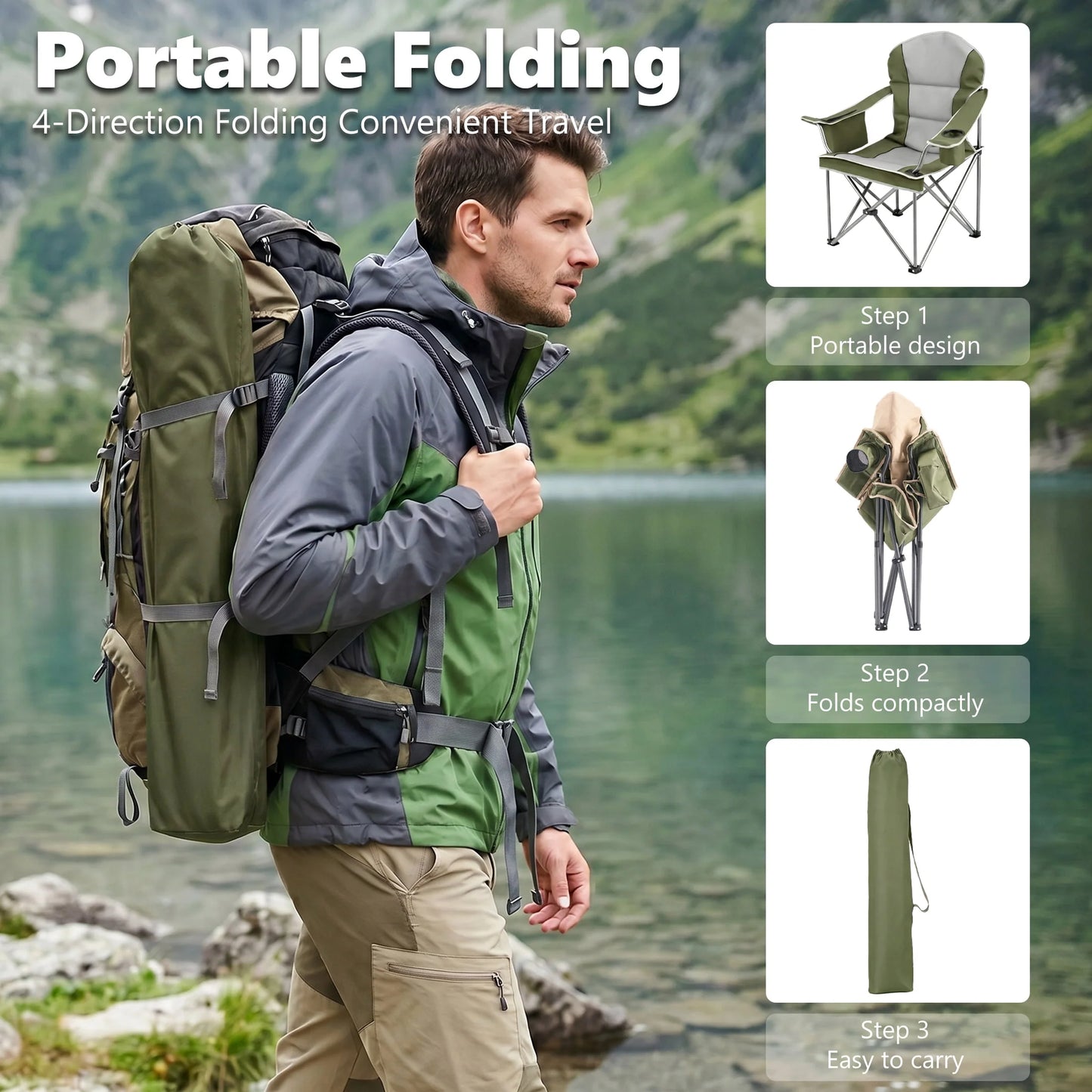 Heavy Duty Camping Chair 500 Lb Capacity, Oversized Extra Wide for Adults, Padded High Back Folding Lawn Chair, 500 Lbs Steel Frame, Portable Outdoor Camping Chair with Cup Holder, Green