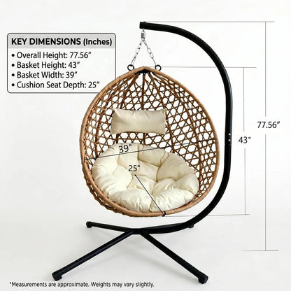 350Lbs Capacity Foldable Hanging Chair with Stand, HDPE Rattan Accent Swing Egg Chair with Cushions for Indoor/Outdoor
