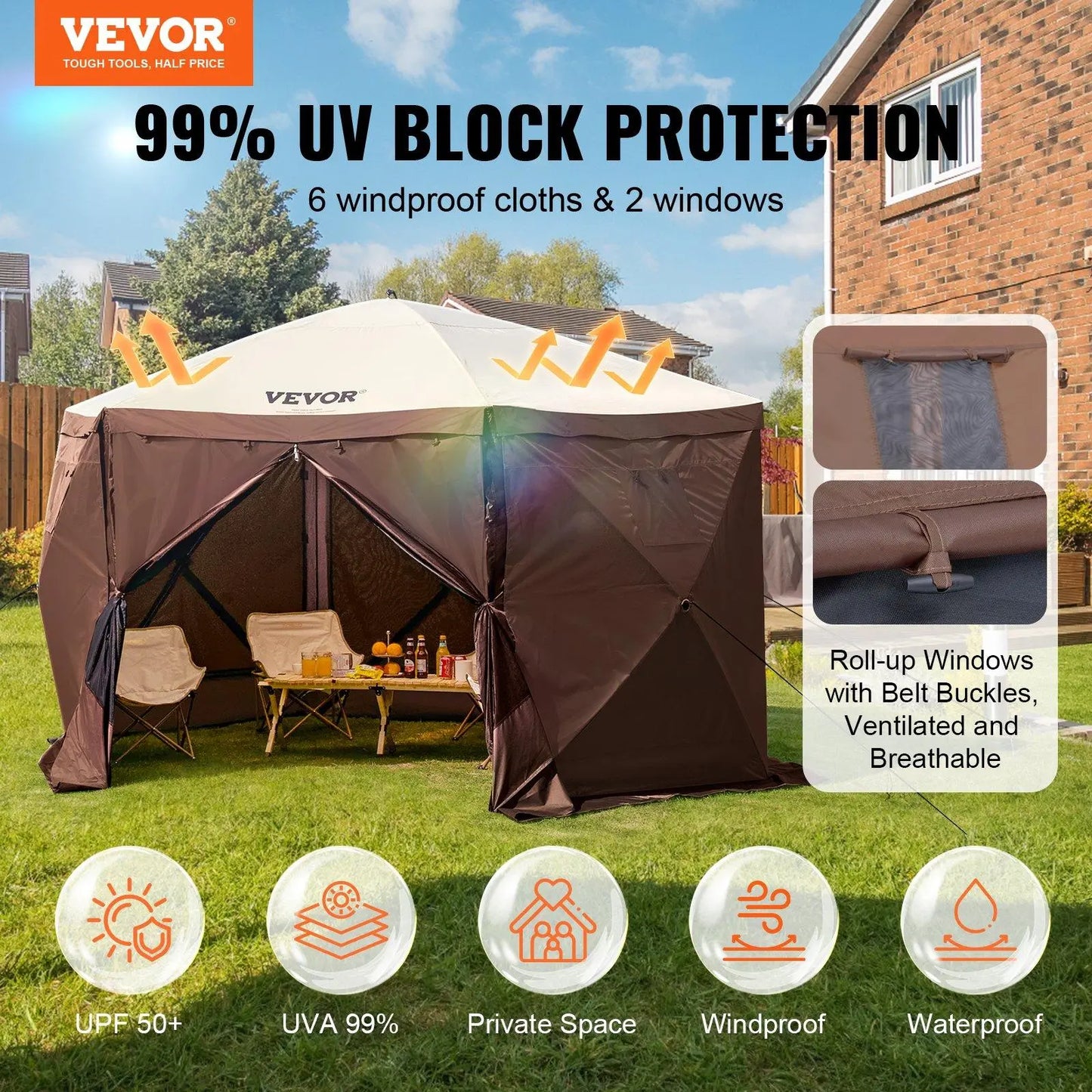 【Dealsforyoudays】Vevor Camping Gazebo Screen Tent, 12*12Ft, 6 Sided Pop-Up Canopy Shelter Tent with Mesh Windows, Portable Carry Bag, Stakes, Large Shade Tents for Outdoor Camping, Lawn and Backyard, Brown/Beige