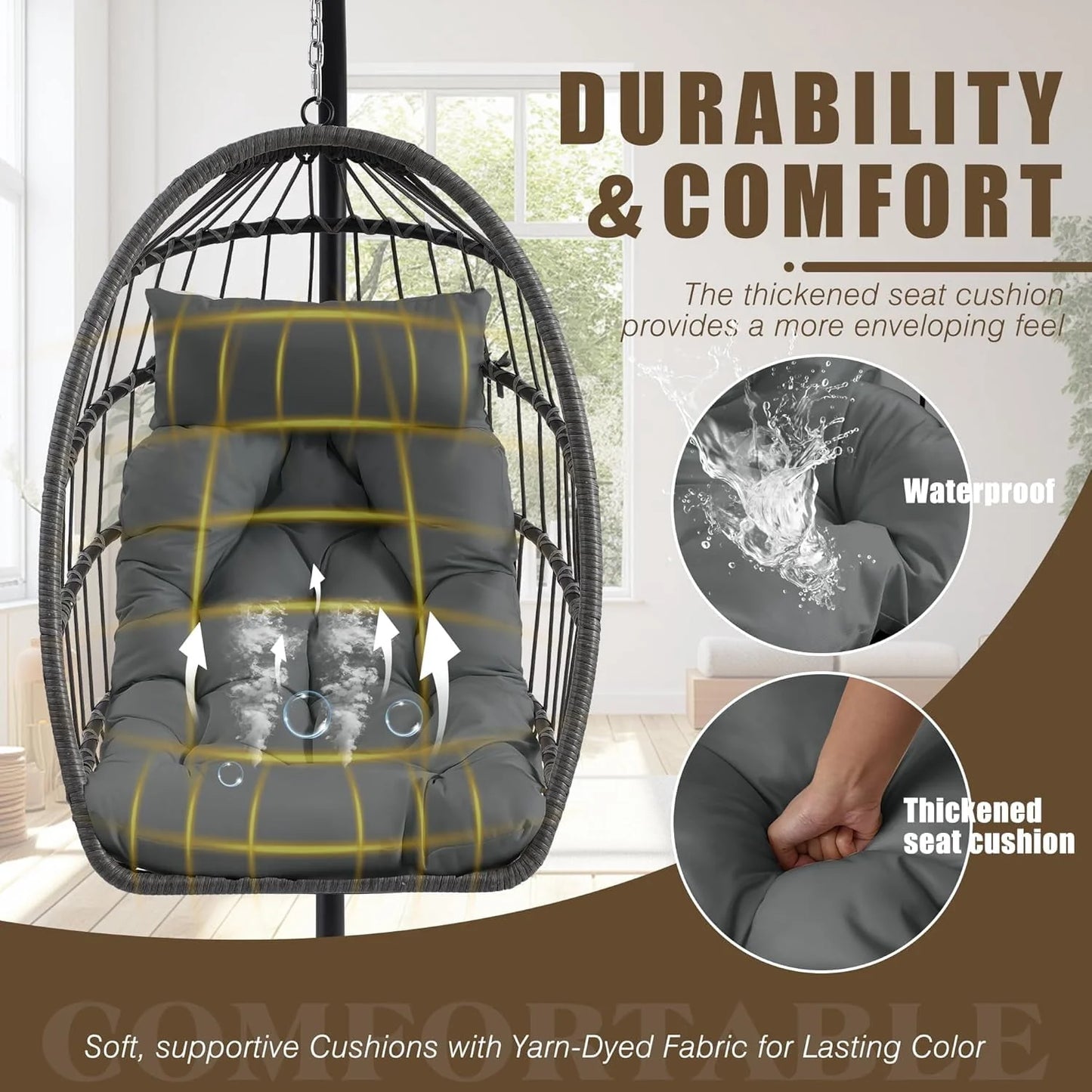 Egg Chair with Stand, Outdoor Hanging Swing Chairs, Indoor Hammock Egg Chair with Removable Cushion and Pillows, Patio Wicker Porch Swings 300LBS Capacity for Garden, Lawn (Grey, Single)