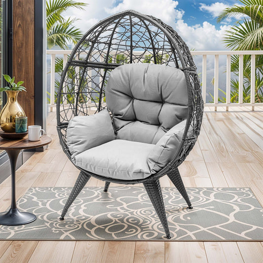 Oversized Wicker Egg Chair with Stand & Cushion, 330 Lb Capacity for Garden and Balcony, Gray