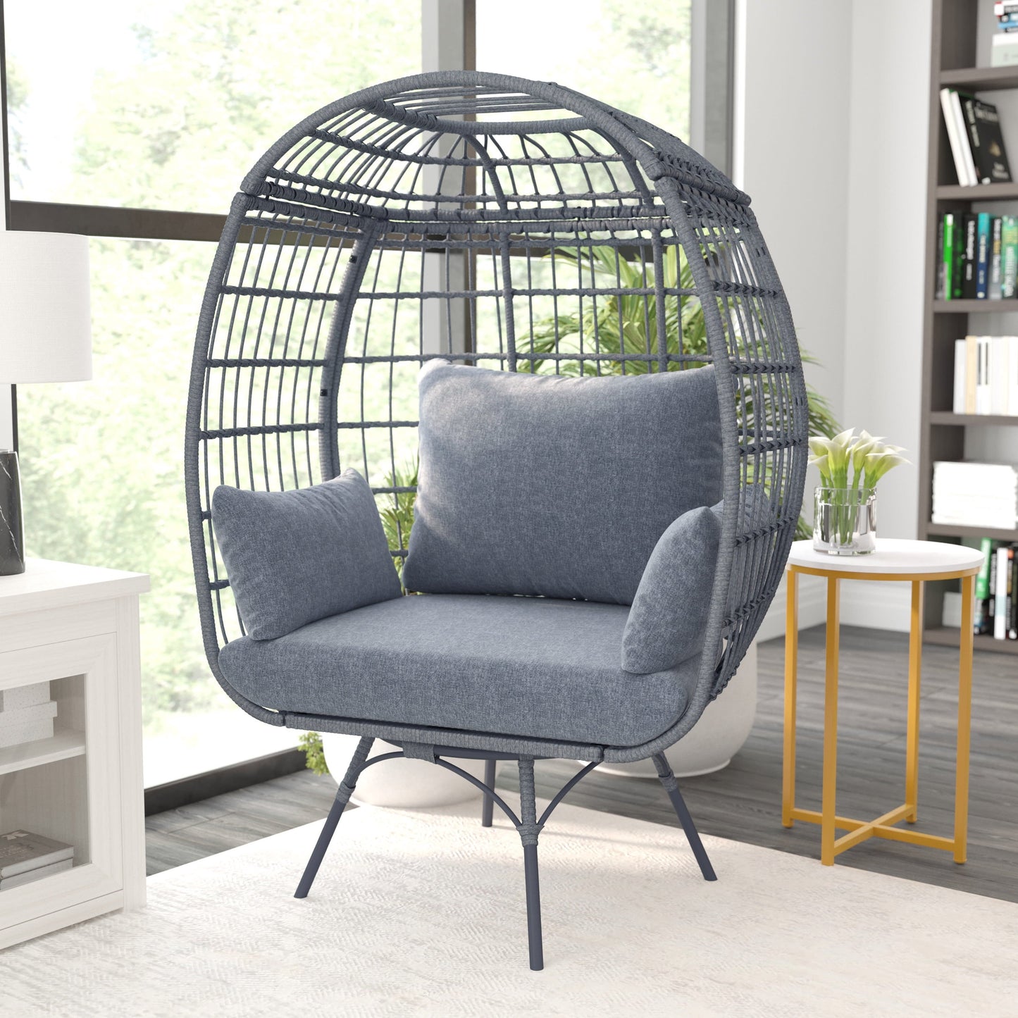 Gray/Gray Indoor/Outdoor Oversized Swivel Lounge Egg Chair with Wicker Rattan Construction and 4 Cushions for Patio, Sunroom, or Deck
