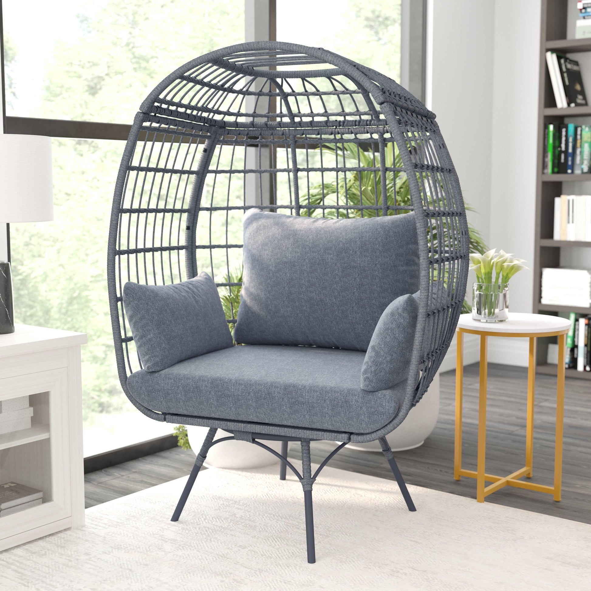 Gray/Gray Indoor/Outdoor Oversized Swivel Lounge Egg Chair with Wicker Rattan Construction and 4 Cushions for Patio, Sunroom, or Deck