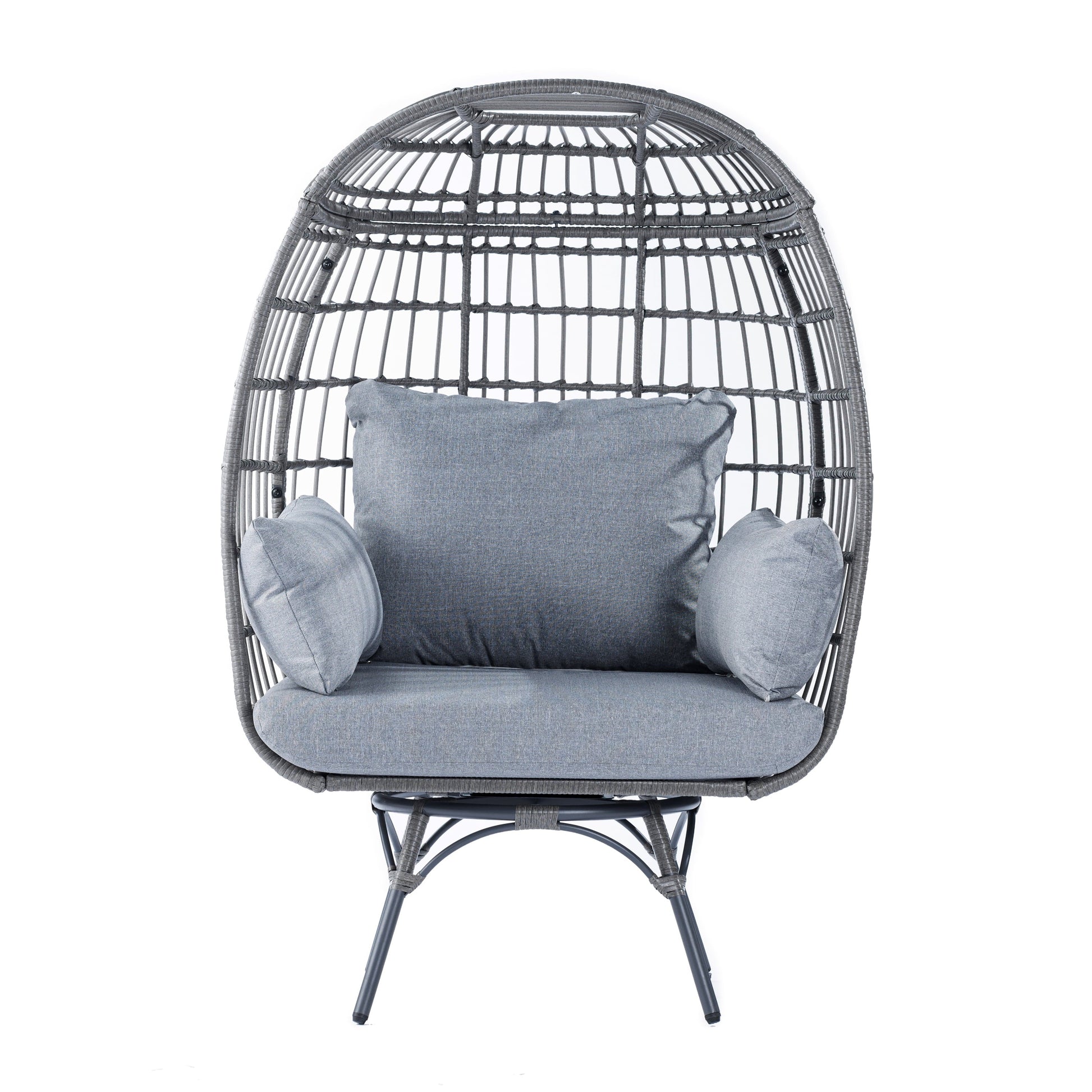 Gray/Gray Indoor/Outdoor Oversized Swivel Lounge Egg Chair with Wicker Rattan Construction and 4 Cushions for Patio, Sunroom, or Deck