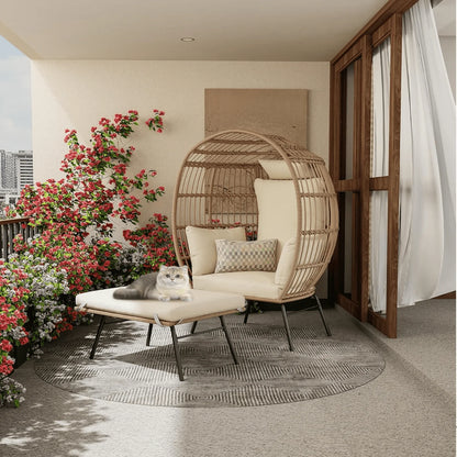 Wicker Egg Chair with Ottoman,Outdoor Indoor Large Egg Basket Lounge Recliner Chair with Thick Cushion for Patio Porch Backyard