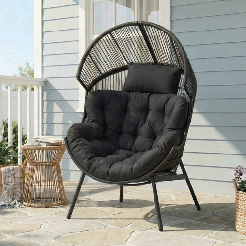 Oversized Egg Chair with Thick Cushion, Wicker Lounge Chair Rattan Patio Chair Indoor Outdoor Patio Lounger Basket Chair W/ Steel Frame, 500Lbs Capacity, Gray