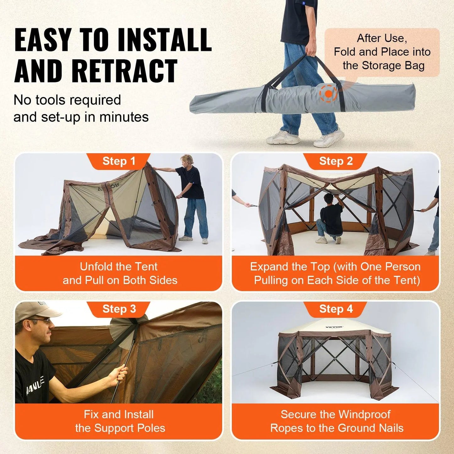 【Dealsforyoudays】Vevor Camping Gazebo Screen Tent, 12*12Ft, 6 Sided Pop-Up Canopy Shelter Tent with Mesh Windows, Portable Carry Bag, Stakes, Large Shade Tents for Outdoor Camping, Lawn and Backyard, Brown/Beige