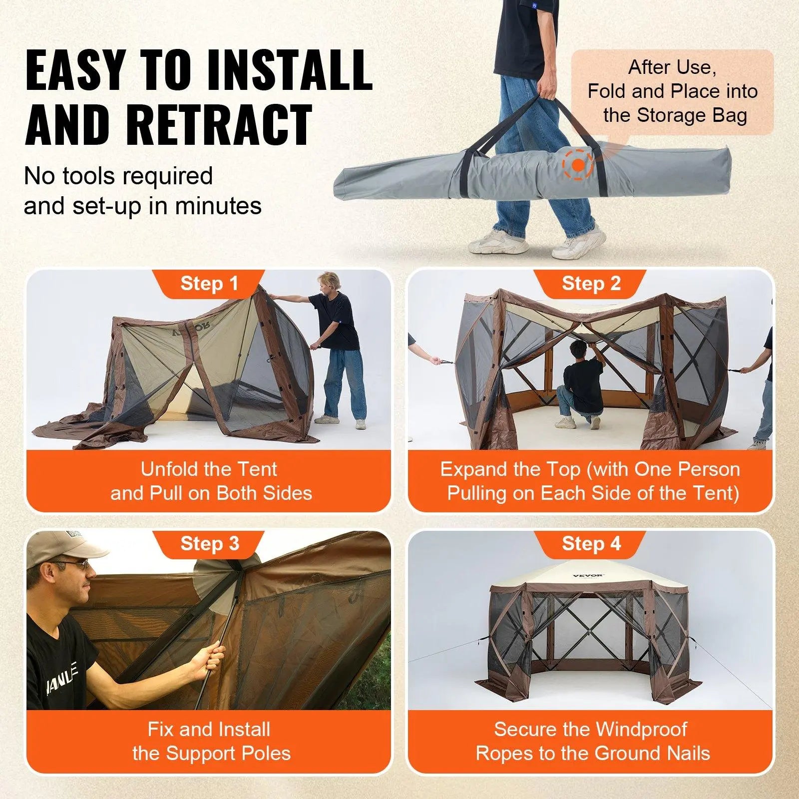 【Dealsforyoudays】Vevor Camping Gazebo Screen Tent, 12*12Ft, 6 Sided Pop-Up Canopy Shelter Tent with Mesh Windows, Portable Carry Bag, Stakes, Large Shade Tents for Outdoor Camping, Lawn and Backyard, Brown/Beige