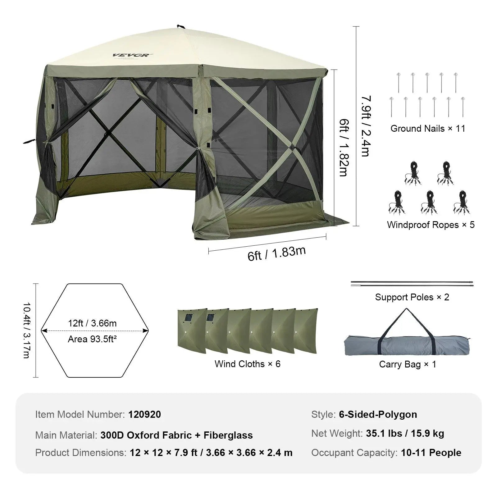 【Dealsforyoudays】Vevor Camping Gazebo Screen Tent, 12*12Ft, 6 Sided Pop-Up Canopy Shelter Tent with Mesh Windows, Portable Carry Bag, Stakes, Large Shade Tents for Outdoor Camping, Lawn and Backyard, Brown/Beige