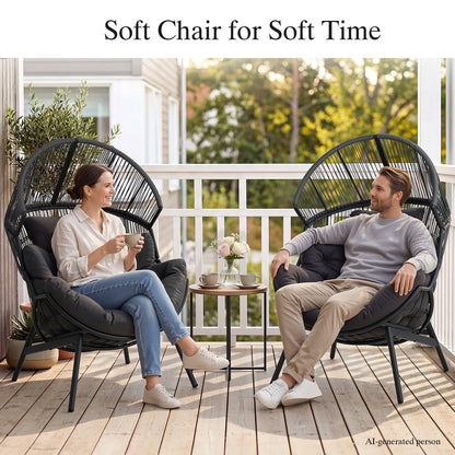 Oversized Egg Chair with Thick Cushion, Wicker Lounge Chair Rattan Patio Chair Indoor Outdoor Patio Lounger Basket Chair W/ Steel Frame, 500Lbs Capacity, Gray