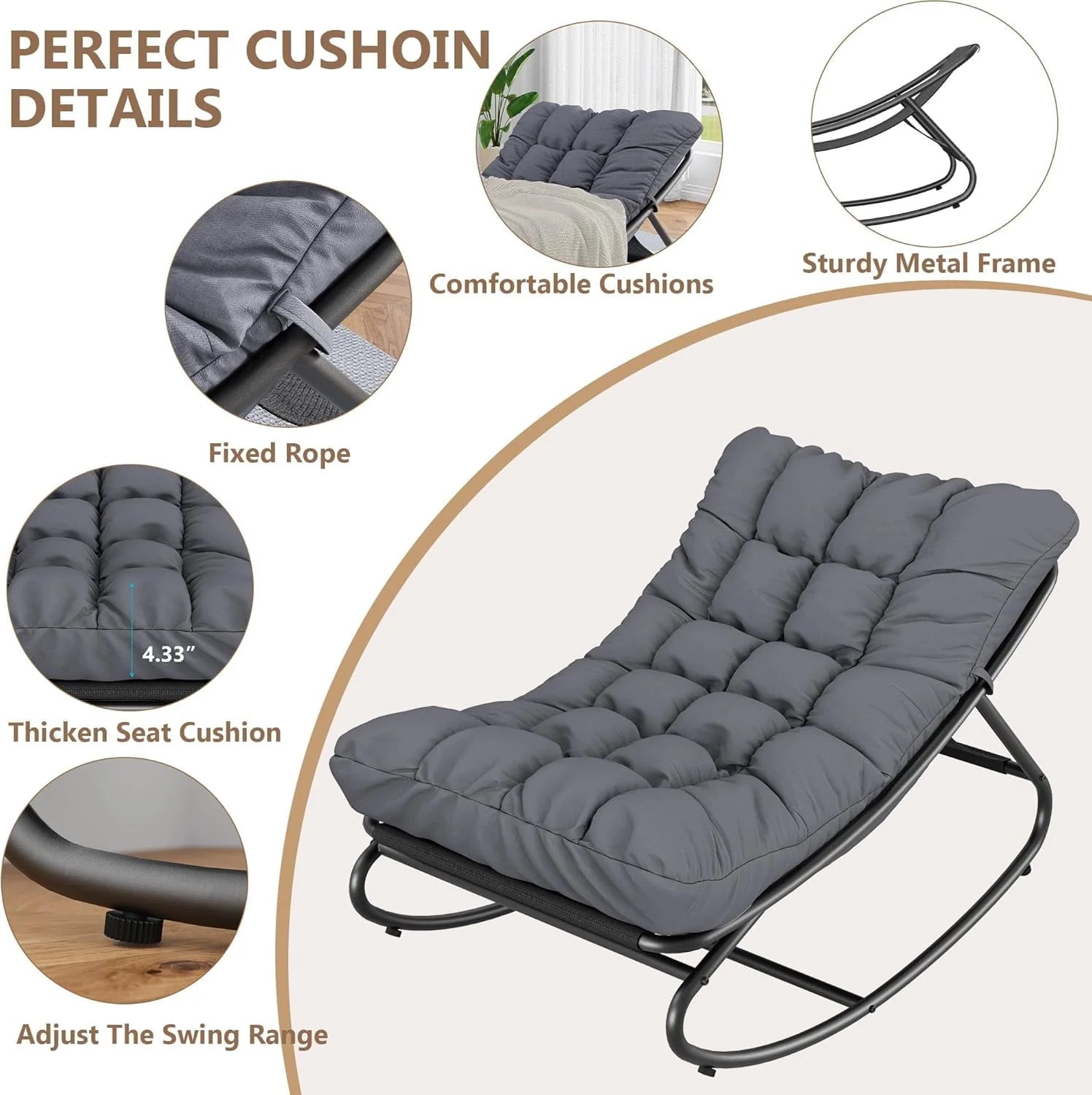 Outdoor Lounge Chairs, Papasan Rocking Chair, Oversized Egg Chair with Adjustable Tilt & Removable Cushion, 450 Lbs Capacity Rust-Proof Steel Frame for Patio, Porch, Poolside, Gray