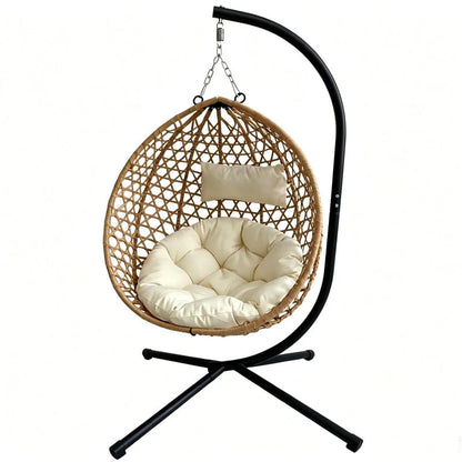 350Lbs Capacity Foldable Hanging Chair with Stand, HDPE Rattan Accent Swing Egg Chair with Cushions for Indoor/Outdoor