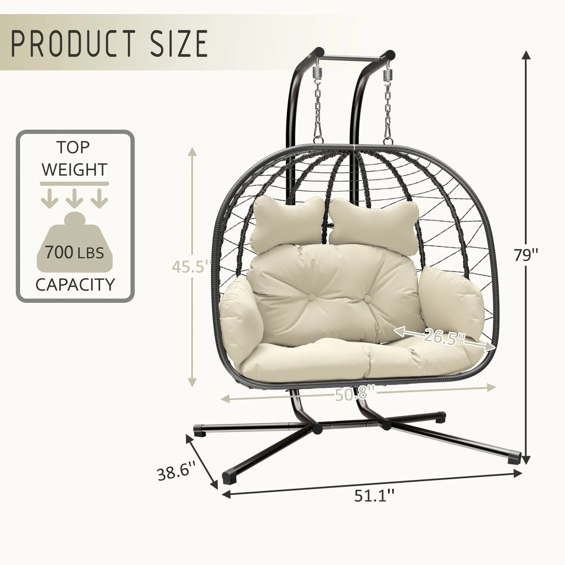 Double Wicker Swing Egg Chair Hammock Foldable Hanging Loveseat with Stand, UV Resistant Removable Cushions, 700LBS Capacity for Bedroom, Balcony (Black and Beige)