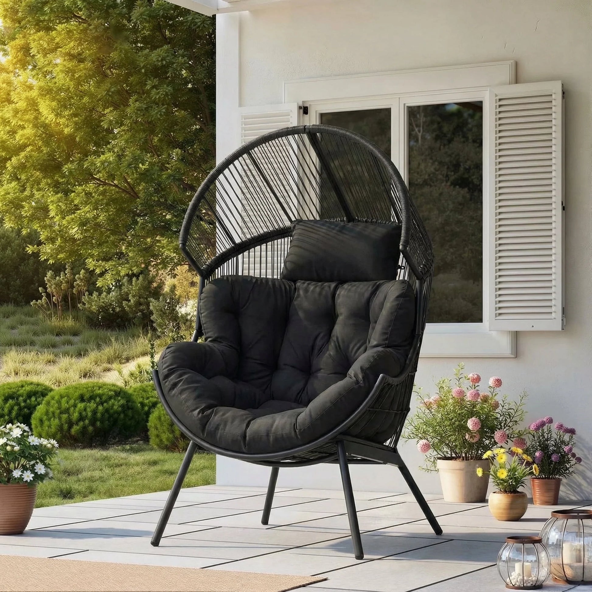 Oversized Egg Chair with Thick Cushion, Wicker Lounge Chair Rattan Patio Chair Indoor Outdoor Patio Lounger Basket Chair W/ Steel Frame, 500Lbs Capacity, Gray