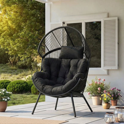 Oversized Egg Chair with Thick Cushion, Wicker Lounge Chair Rattan Patio Chair Indoor Outdoor Patio Lounger Basket Chair W/ Steel Frame, 500Lbs Capacity, Gray