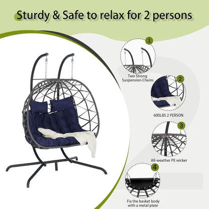 Double Swing Egg Chair with Stand, 2 Person Indoor Outdoor Wicker Loveseat, Oversized Patio Hanging Basket Chair with Cushions, Cozy Sturdy Porch Swing for Backyard