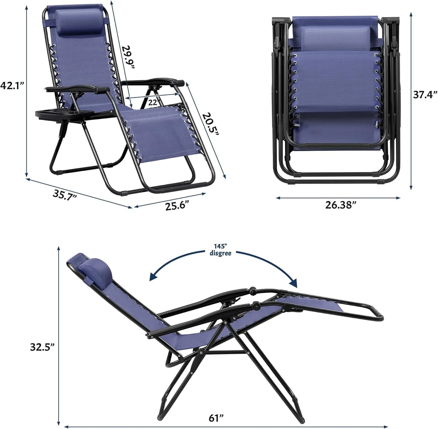 Zero Gravity Chair Set of 2, Reclining Folding Outdoor Chairs with Adjustable Headrest & Cup Holder, anti - Gravity Loungers for Backyard, Patio, Lawn, Poolside, Blue
