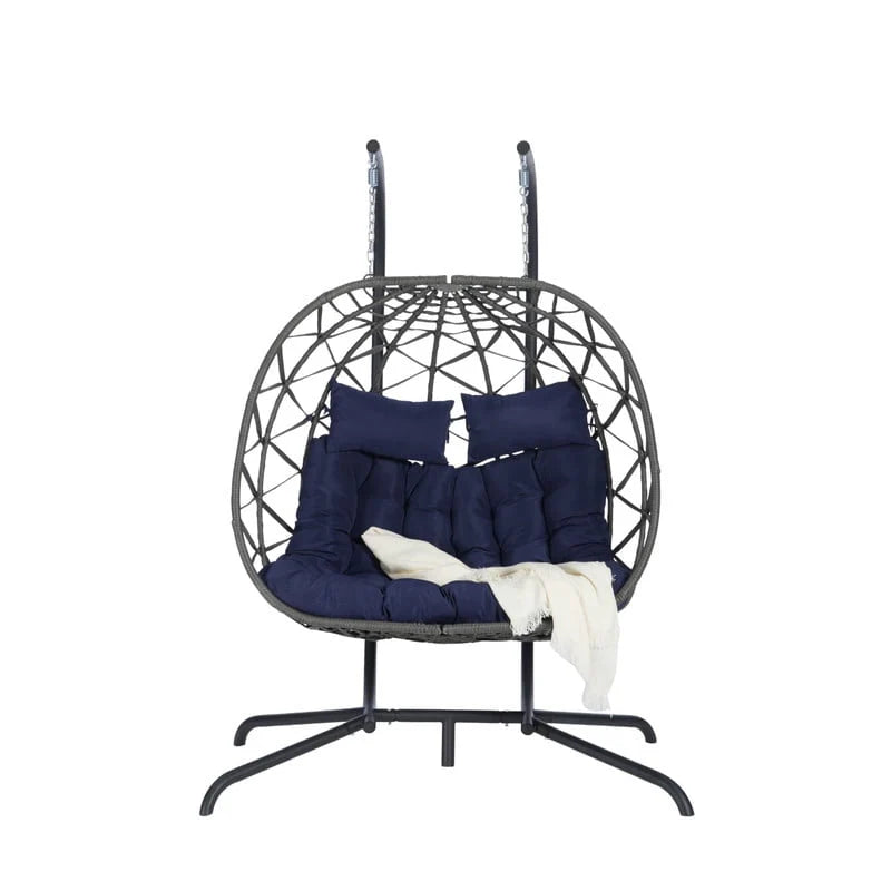 Double Swing Egg Chair with Stand, 2 Person Indoor Outdoor Wicker Loveseat, Oversized Patio Hanging Basket Chair with Cushions, Cozy Sturdy Porch Swing for Backyard