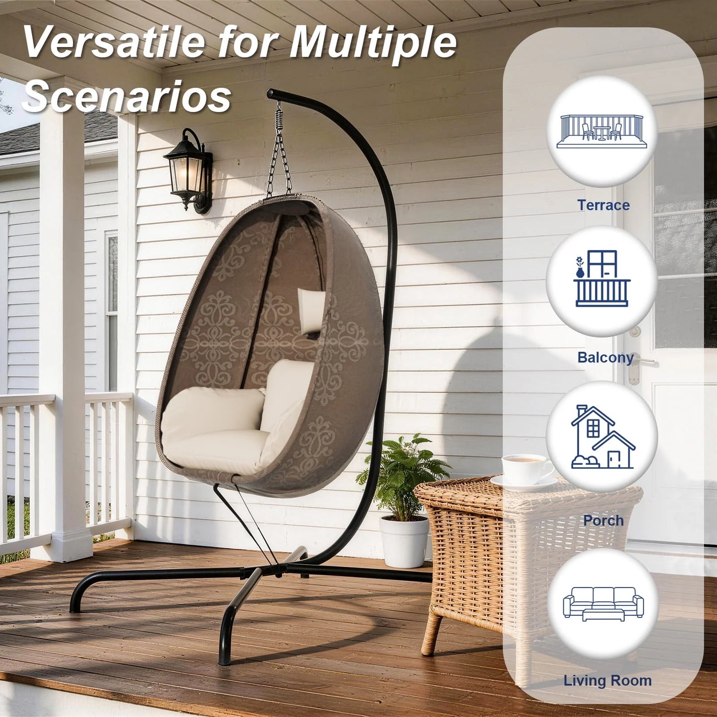 Foldable Egg Chair with Stand, 485LBS Capacity Textilene Hammock Swing Chair for Outdoor & Indoor, Patio Hanging Chair with Strong Frame & UV Resistant Cushion for Balcony, Bedroom, Cream/D2