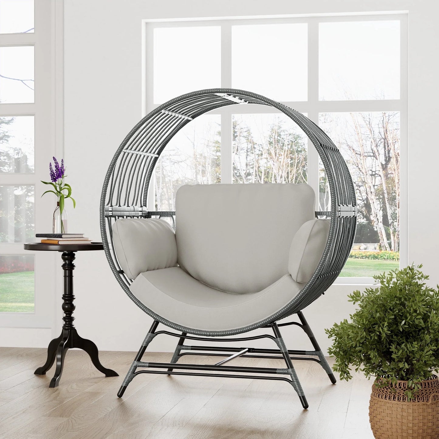 Wicker round Egg Chair, Oversized Indoor Outdoor Lounger for Patio Living Room, W/ 4 Cushions, Steel Frame, 330Lbs Capacity(Gr-Lr)