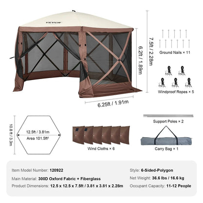 【Dealsforyoudays】Vevor Camping Gazebo Screen Tent, 12*12Ft, 6 Sided Pop-Up Canopy Shelter Tent with Mesh Windows, Portable Carry Bag, Stakes, Large Shade Tents for Outdoor Camping, Lawn and Backyard, Brown/Beige