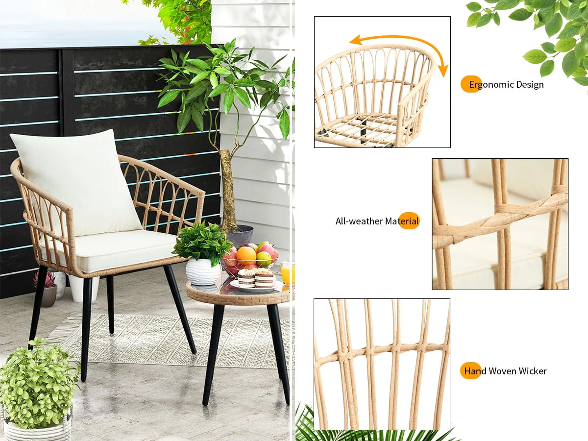 3 Piece Patio Bistro Set,Outdoor Wicker Apartment Balcony Furniture Sets, Rattan Table and Chairs Set of 2 for Porch Backyard Lawn Poolside Deck, Beige