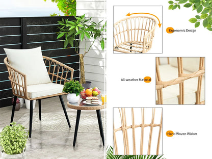 3 Piece Patio Bistro Set,Outdoor Wicker Apartment Balcony Furniture Sets, Rattan Table and Chairs Set of 2 for Porch Backyard Lawn Poolside Deck, Beige