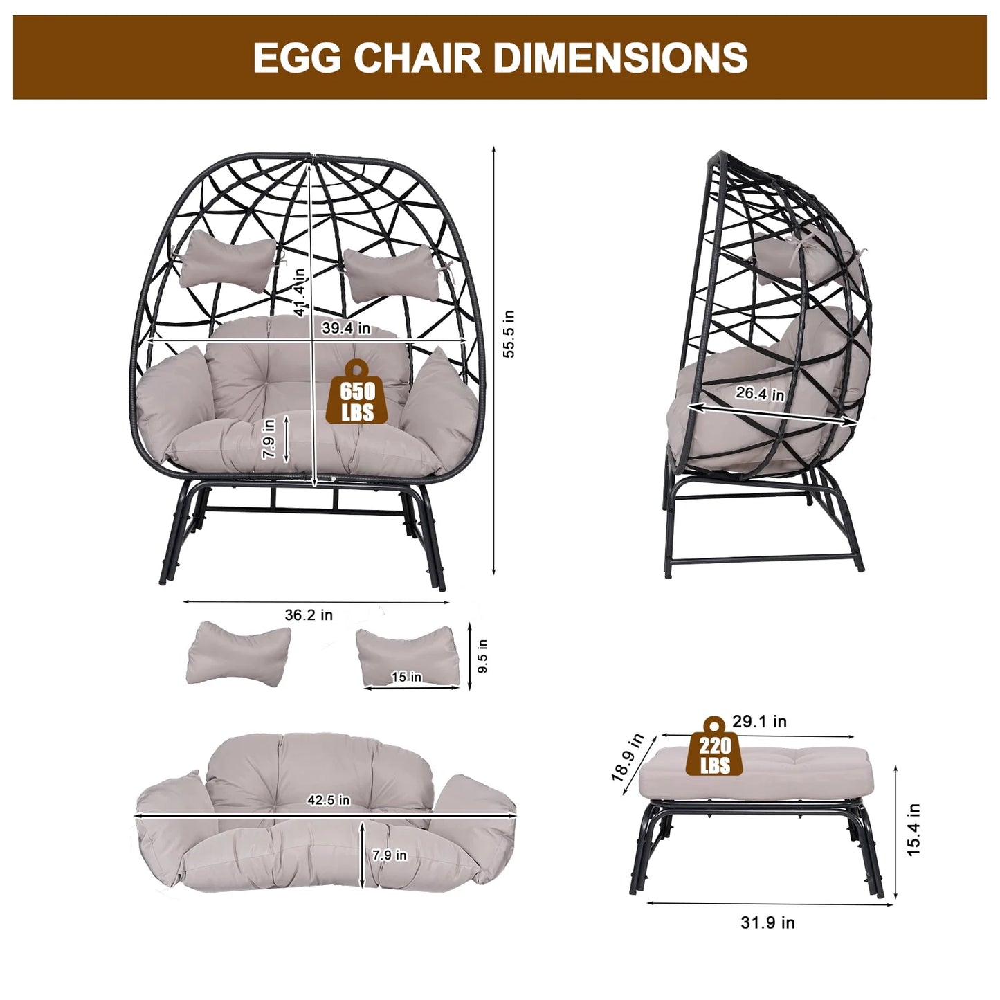 FKSLIFE 2 Person Wicker Egg Chair with Ottoman Cushion Large Egg Basket Chair with Footrest for Outdoor Indoor Patio Balcony Garden