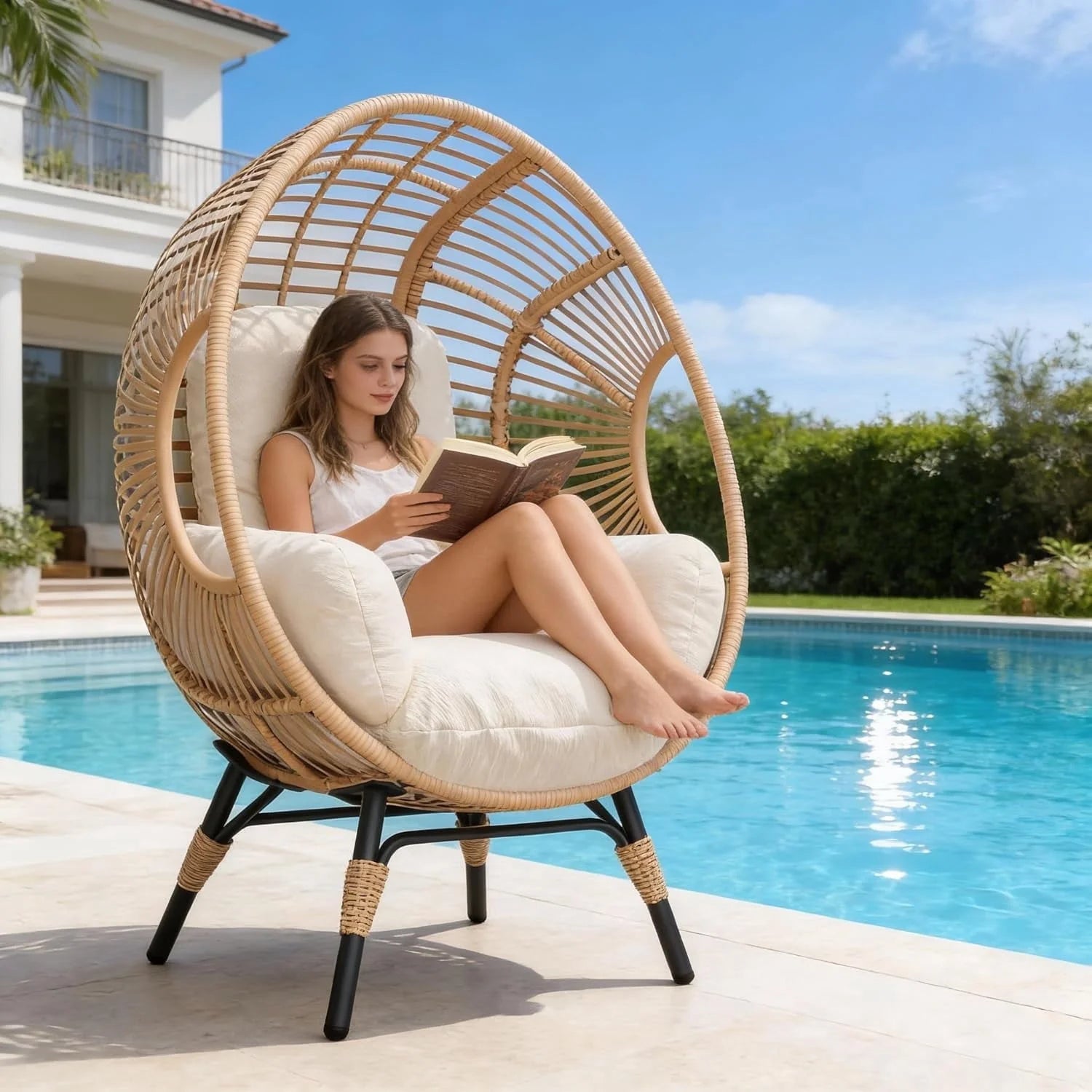 Oversized Egg Chair Outdoor Indoor,Patio Lounge Chair with Thicken Cushions & Durable Steel Frame, Egg Basket Chair 500Lbs Capacity for Garden, Backyard, Porch,Bedroom (Beige-Regular)
