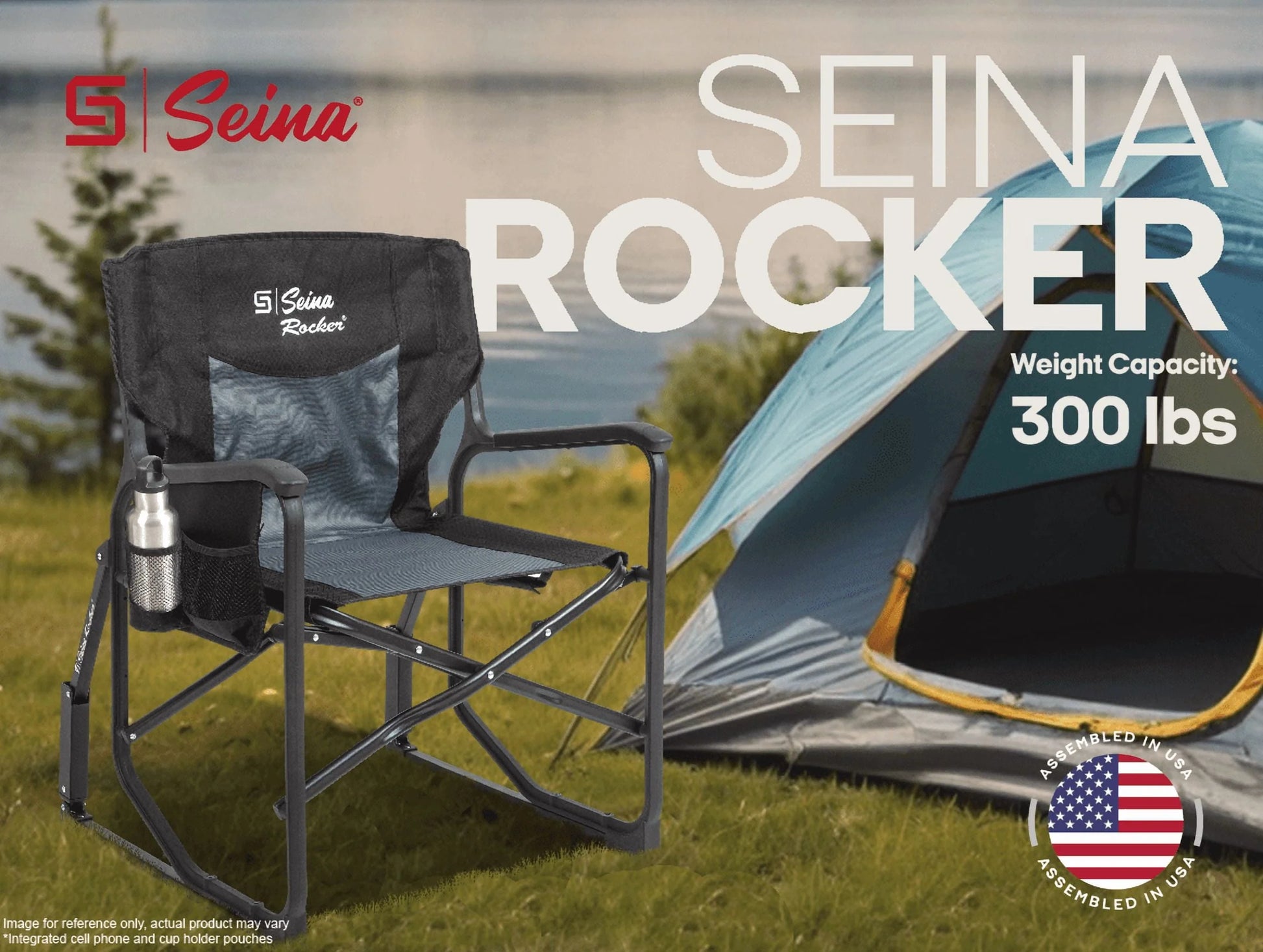 Rocker, Outdoor Foldable Rocking Chair with Hard Armrests, Cup Holder and Side Pocket for Adults, Collapsible, Weight Capacity up to 300 Lbs, Gray and Black